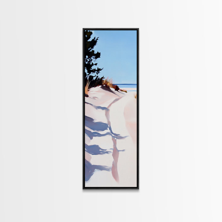 Ocean Walkway, Dunes and Shadows, Coastal Serenity, Soft Light, Framed Canvas Print, Living Room Wall Art, Beach House Decor