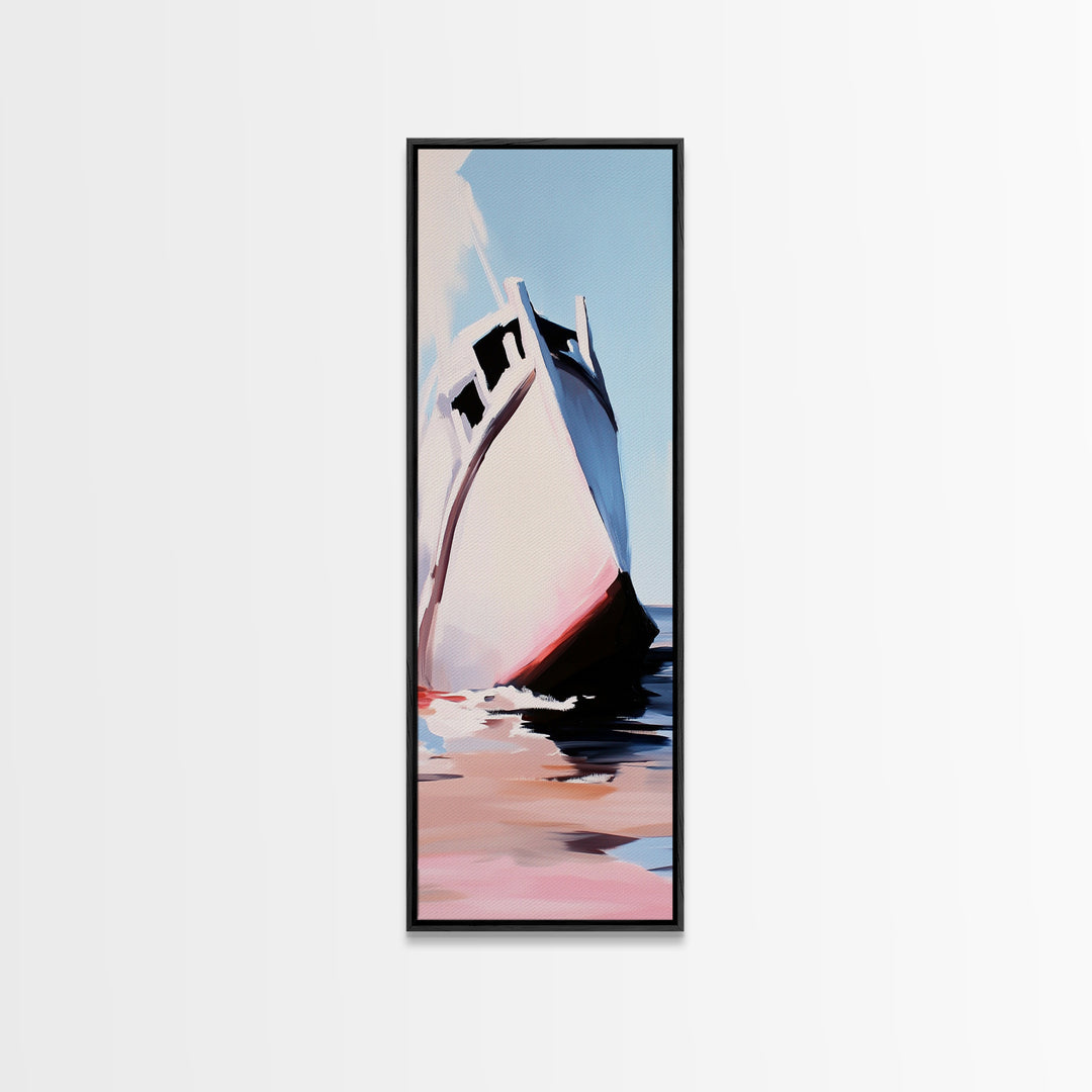 Ocean Boat, Seascape, Nautical, Modern Art, Coastal Wall Decor, Beach House, Minimalist, Blue, White, Framed Canvas Print