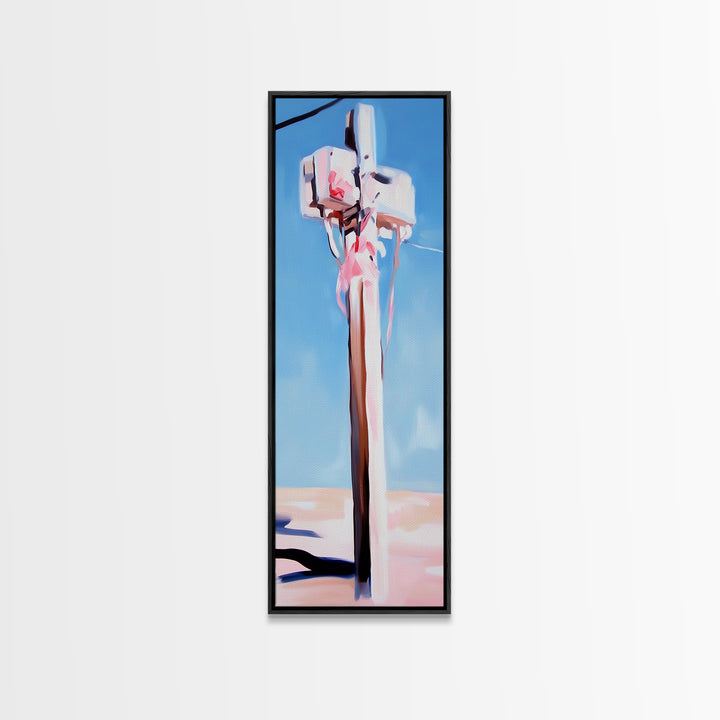 Coastal Utility Pole, Minimalist Beach Art, Soft Pastel Aesthetic, Sky Blue Landscape, Modern Wall Decor, Framed Canvas Print, Ocean Vibes