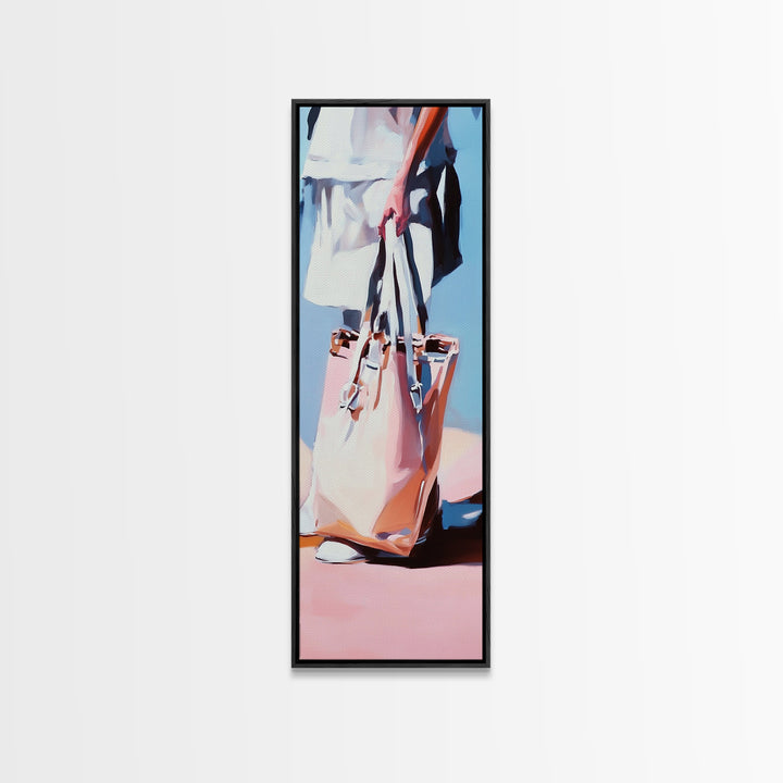 Chic Tote Bag, Fashion Illustration, Feminine Art, Pastel Minimalist Art, Modern Wall Decor, Stylish Bedroom, Framed Canvas Print