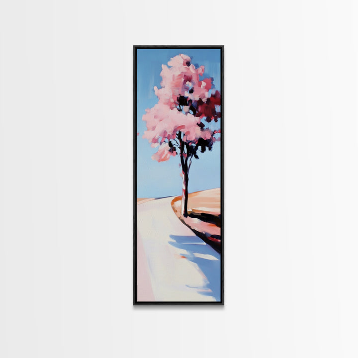 Cherry Blossom Tree, Serene Landscape Painting, Romantic Pink Art, Tranquil Nature Decor, Spring Home Decor, Framed Canvas Print