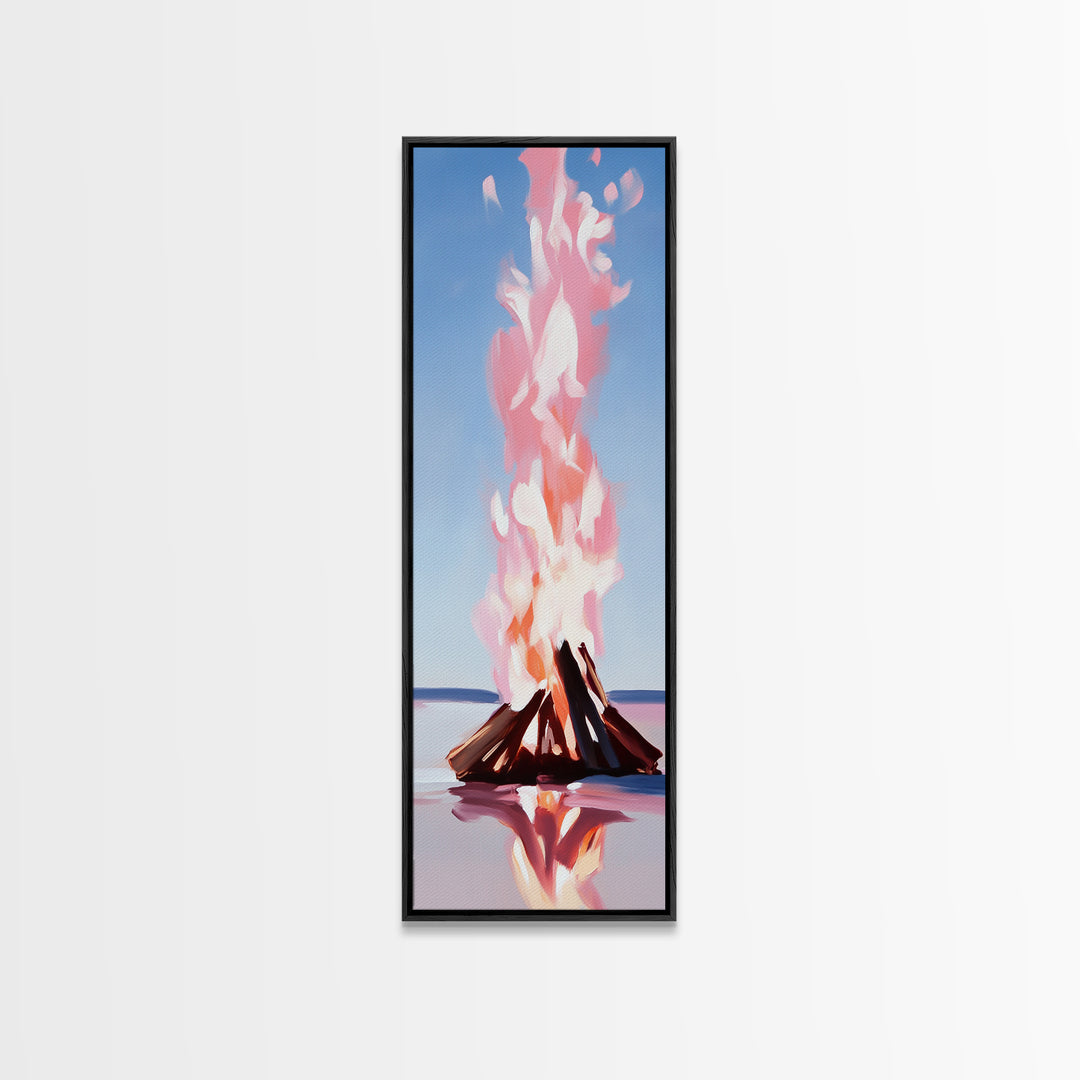 Campfire Glow, rustic cabin art, warm autumn decor, boho landscape, firelight painting, cozy home art, framed canvas print