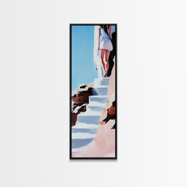 Cliffside Beauty, White Dress, Tranquil Escape, Canvas Print, Modern Wall Art, Boho Beach Decor, Bedroom Wall Art, Minimalist Coastal