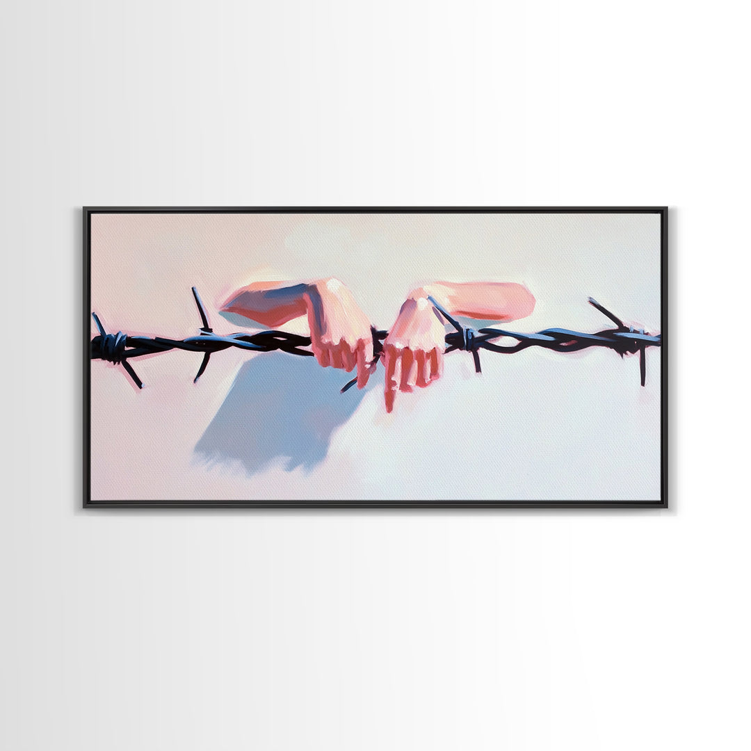 Hands on Barbed Wire, Surreal Art, Emotional Aesthetic, Modern Symbolism, Thought-Provoking Decor, Contemporary Wall Art, Canvas Print