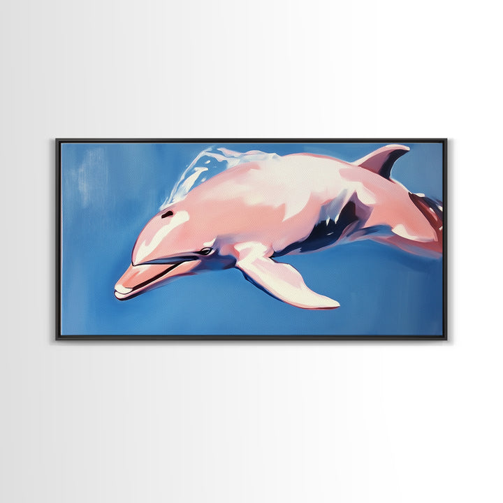 Dolphin Painting, Ocean Wall Art, Coastal Home Decor, Marine Life Artwork, Blue and Pink Art, Beach House Art, Framed Canvas Print