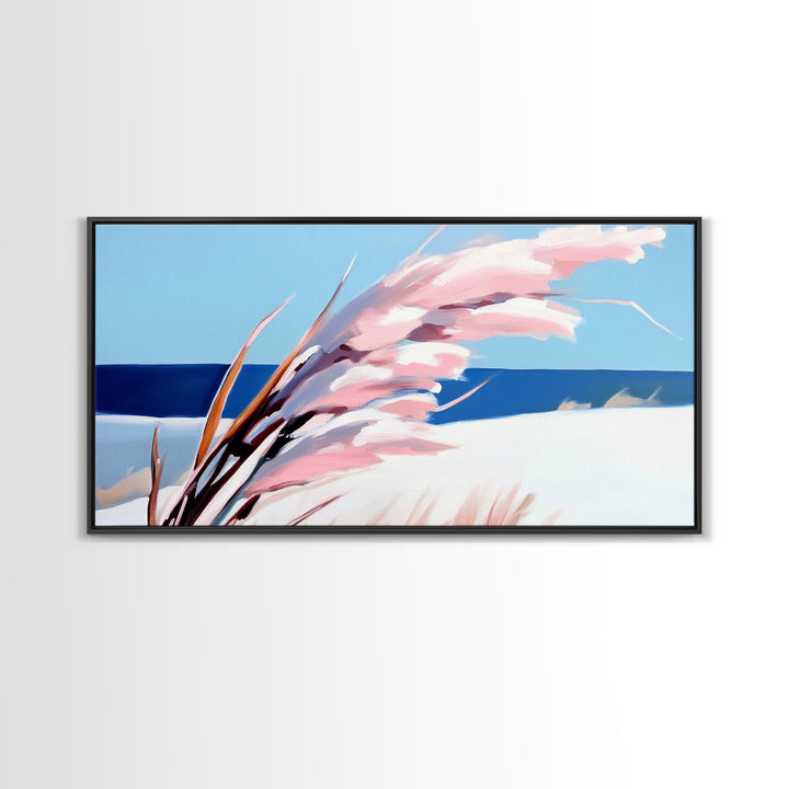 Beach Grass Art, Coastal Sand Dunes, Ocean Breeze Painting, Seaside Nature Print, Nautical Wall Decor, Framed Canvas Print