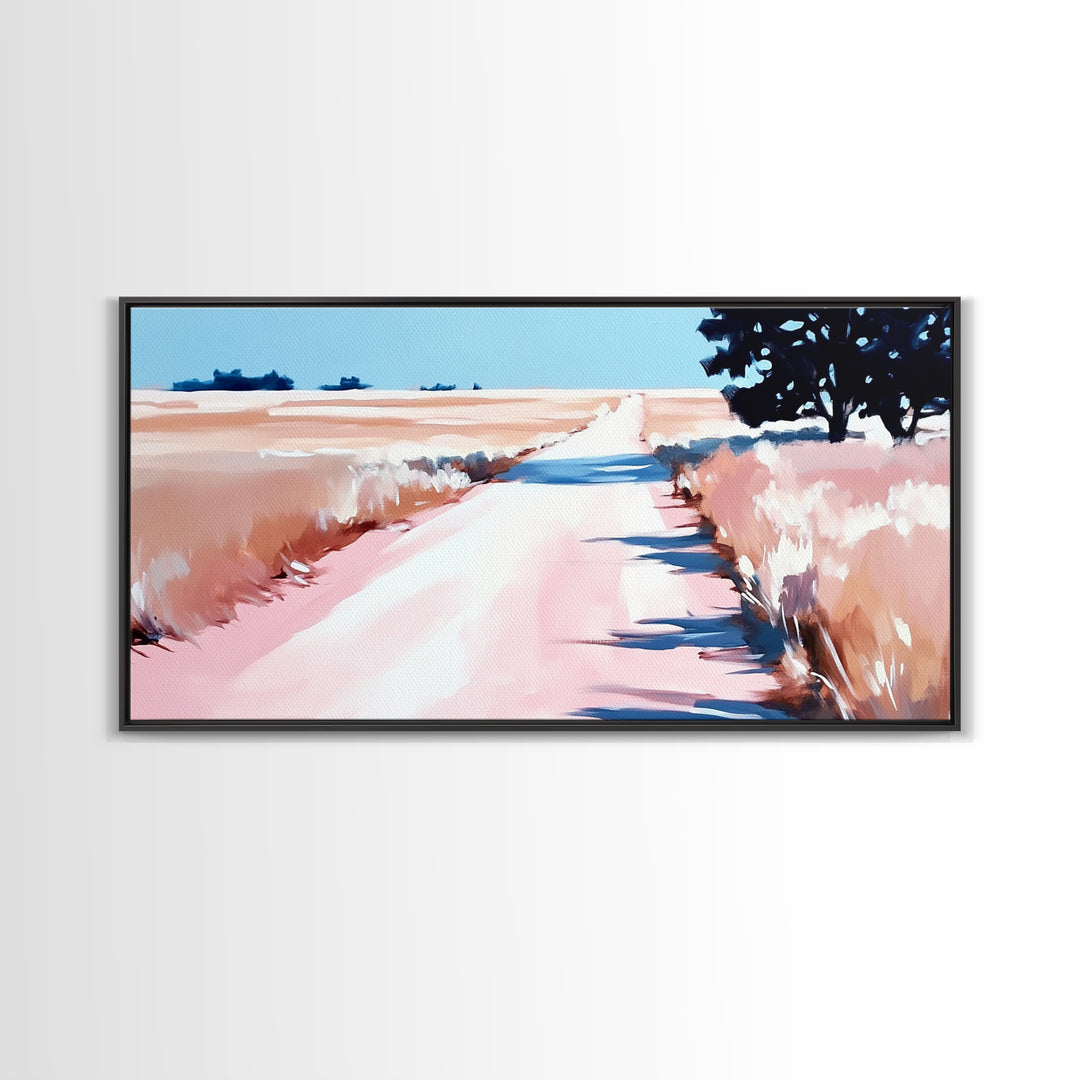 Countryside Path Art, Rustic Landscape Print, Minimalist Nature Painting, Warm Autumn Decor, Serene Scenic Artwork, Framed Canvas Print