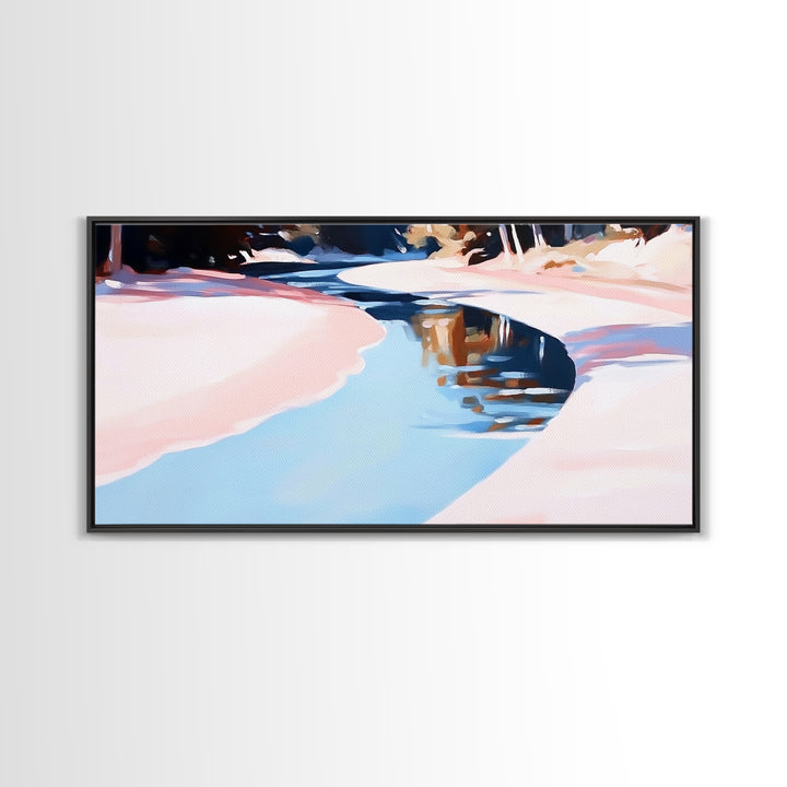 River Reflection, Serene Water Scene, Tranquil Nature Wall Art, Soft Pastel Landscape, Rustic Wilderness Decor, Framed Canvas Print