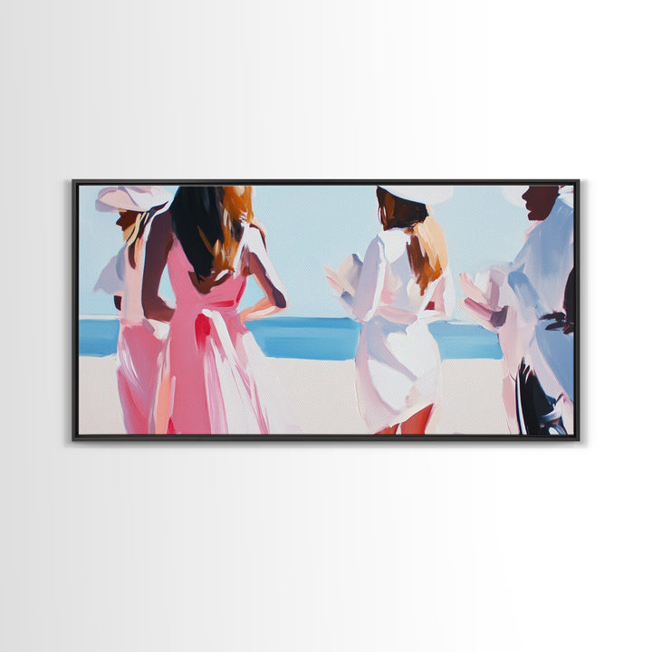 Beach Wedding Art, Elegant Women Painting, Soft Pastel Coastal Decor, Feminine Ocean Scene, Chic Minimalist Aesthetic, Canvas Print