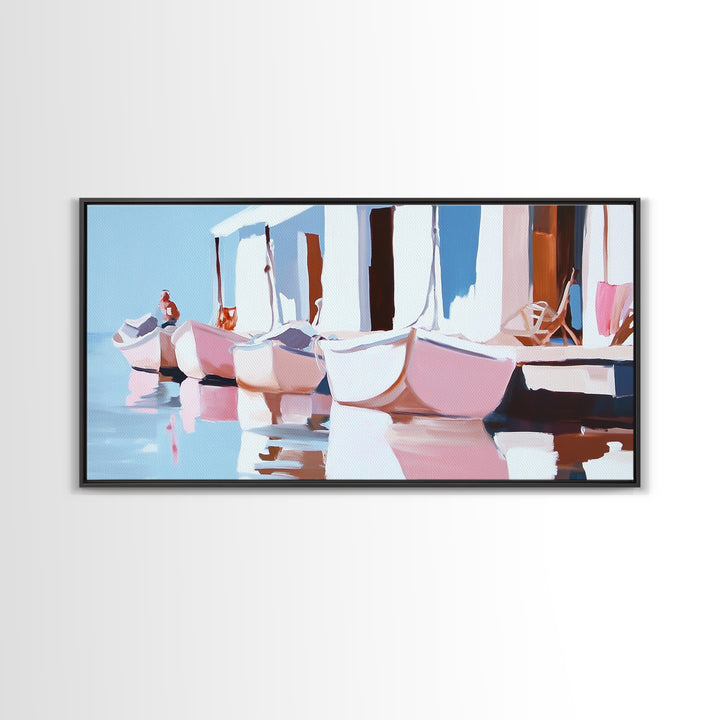 Docked Boats, Nautical Coastal Art, Mediterranean Harbor Scene, Framed Canvas Print, Beach House Wall Decor, Nautical Home Art