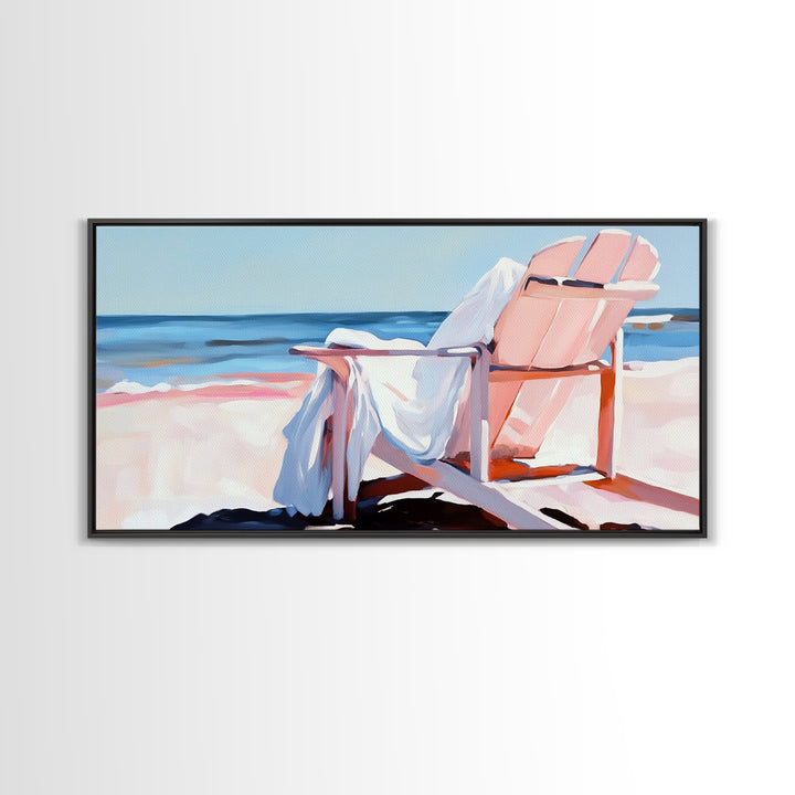 Beach Chair, Ocean View, Coastal Relaxation, Serene Seaside Art, Nautical Home Decor, Pastel Aesthetic, Living Room Wall Art, Canvas Print
