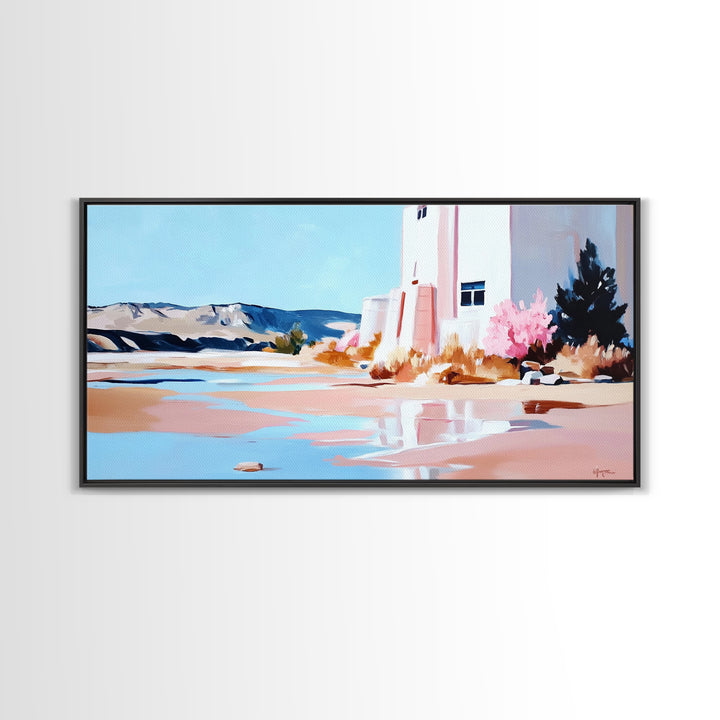 Desert Landscape, White House, Pink Trees, Canvas Print, Modern Southwest Art, Living Room Wall Art, Warm Earthy Tones, Minimalist Nature