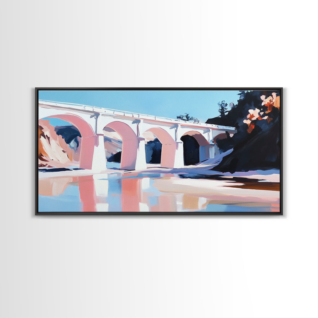 Bridge Reflection, Scenic River, Pastel Landscape, Canvas Print, Architecture Art, Living Room Wall Art, Minimalist Water Scene, Travel Art