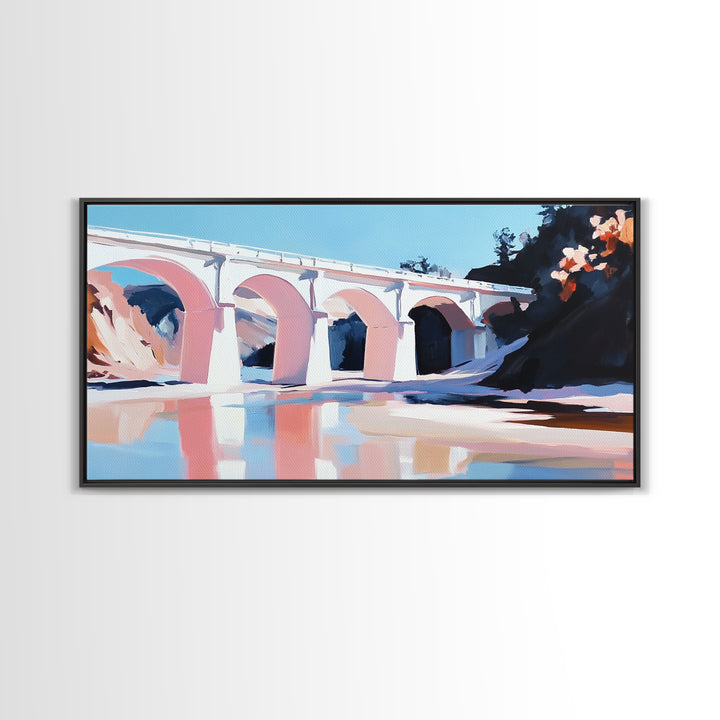 Bridge Reflection, Scenic River, Pastel Landscape, Canvas Print, Architecture Art, Living Room Wall Art, Minimalist Water Scene, Travel Art