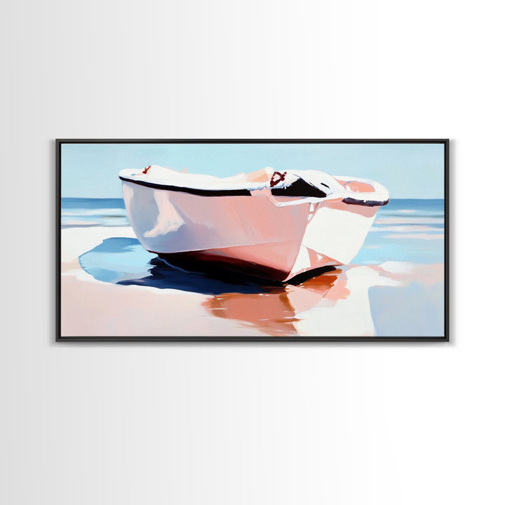 Beach Boat, Ocean Reflection, Coastal Calm, Canvas Print, Minimalist Nautical Art, Summer Home Decor, Living Room Wall Art, Tranquil Vibes