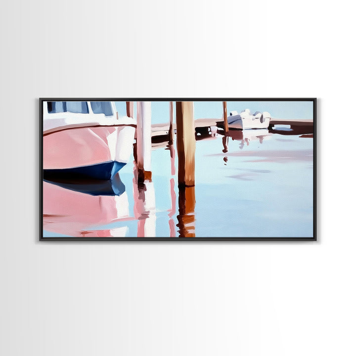 Docked Boats, Waterfront Scene, Canvas Print, Nautical Home Decor, Living Room Wall Art, Soft Pastel Aesthetic, Minimalist Seaside