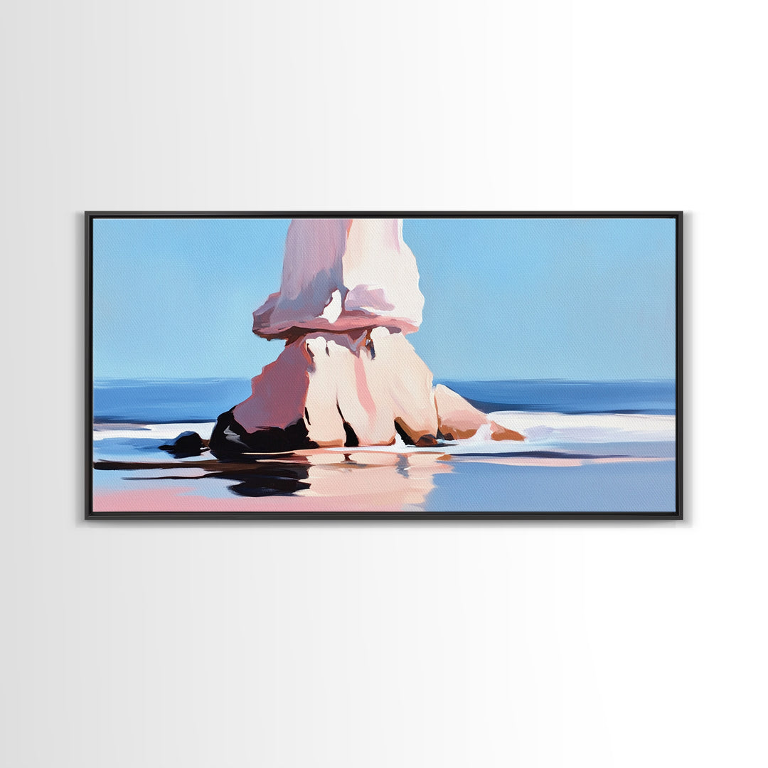 Ocean Rock, Coastal Seascape, Beach Art, Canvas Print, Nature Wall Decor, Blue and Pink Landscape, Living Room Painting, Modern Art