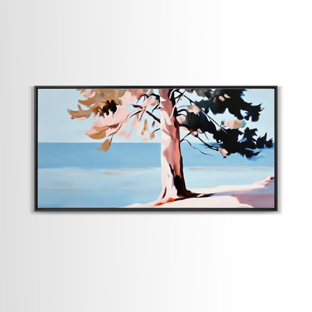 Coastal Tree, Ocean Breeze, Nature Landscape, Serene Scene, Framed Canvas Print, Beach House Wall Art, Relaxing Home Decor, Minimalist