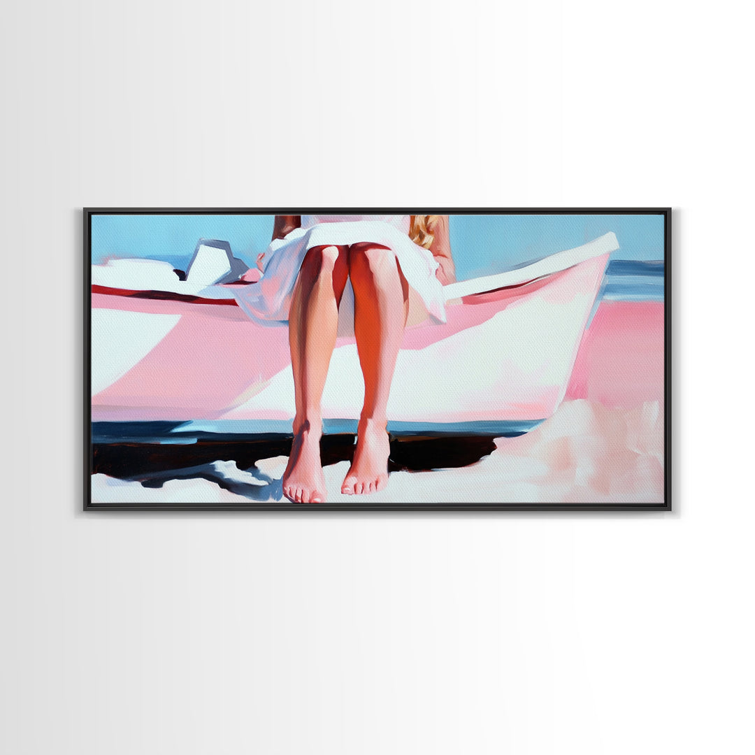 Barefoot on Boat, Coastal Lifestyle, Serene Beach Art, Nautical Aesthetic, Minimalist Wall Decor, Pastel Home Art, Canvas Print