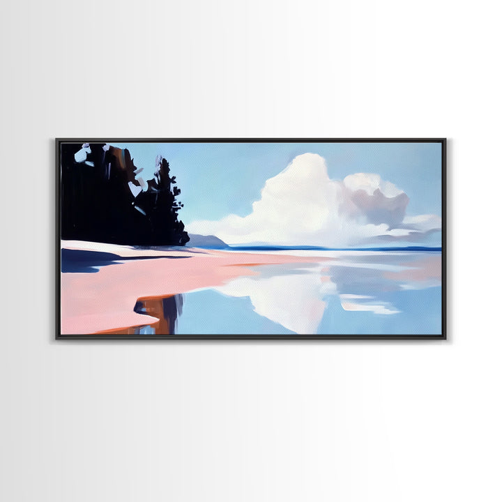 Cloudy Seascape Reflection, Tranquil Coastal Print, Minimalist Ocean Decor, Soft Pastel Landscape, Zen Home Art, Bedroom Framed Canvas Print