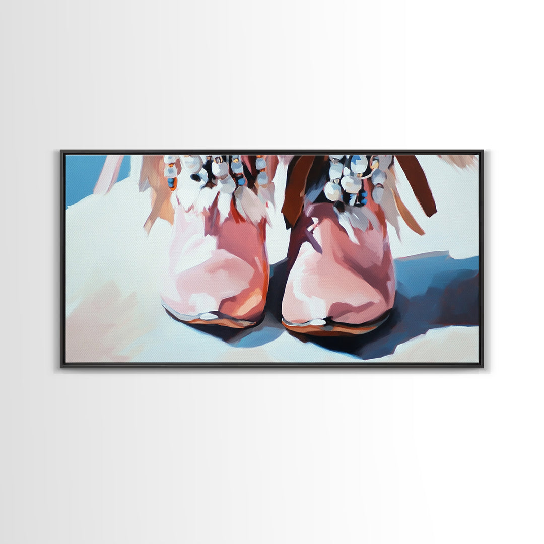 Boho Boots, Western Fashion, Beaded Cowboy Style, Rustic Aesthetic, Country Chic Decor, Modern Americana Art, Bedroom Wall Art