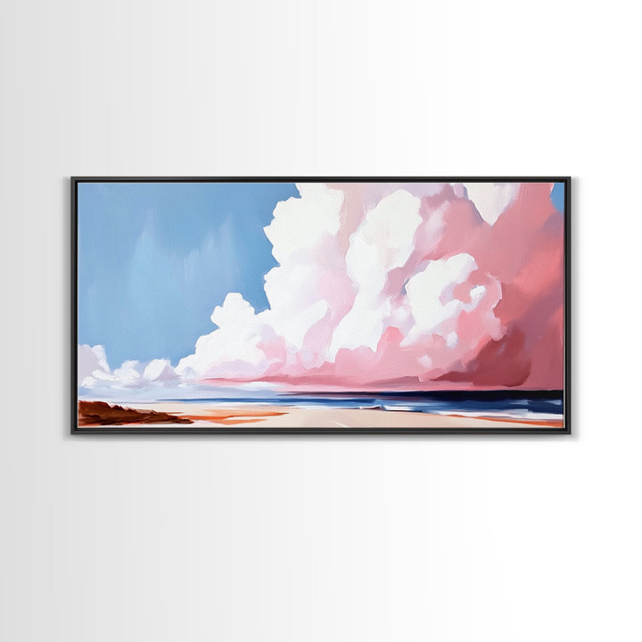 Cloudscape, Dreamy Sky, Coastal Horizon, Framed Canvas Print, Minimalist Art, Blue and Pink Decor, Bedroom Wall Art, Sky Lover Gift