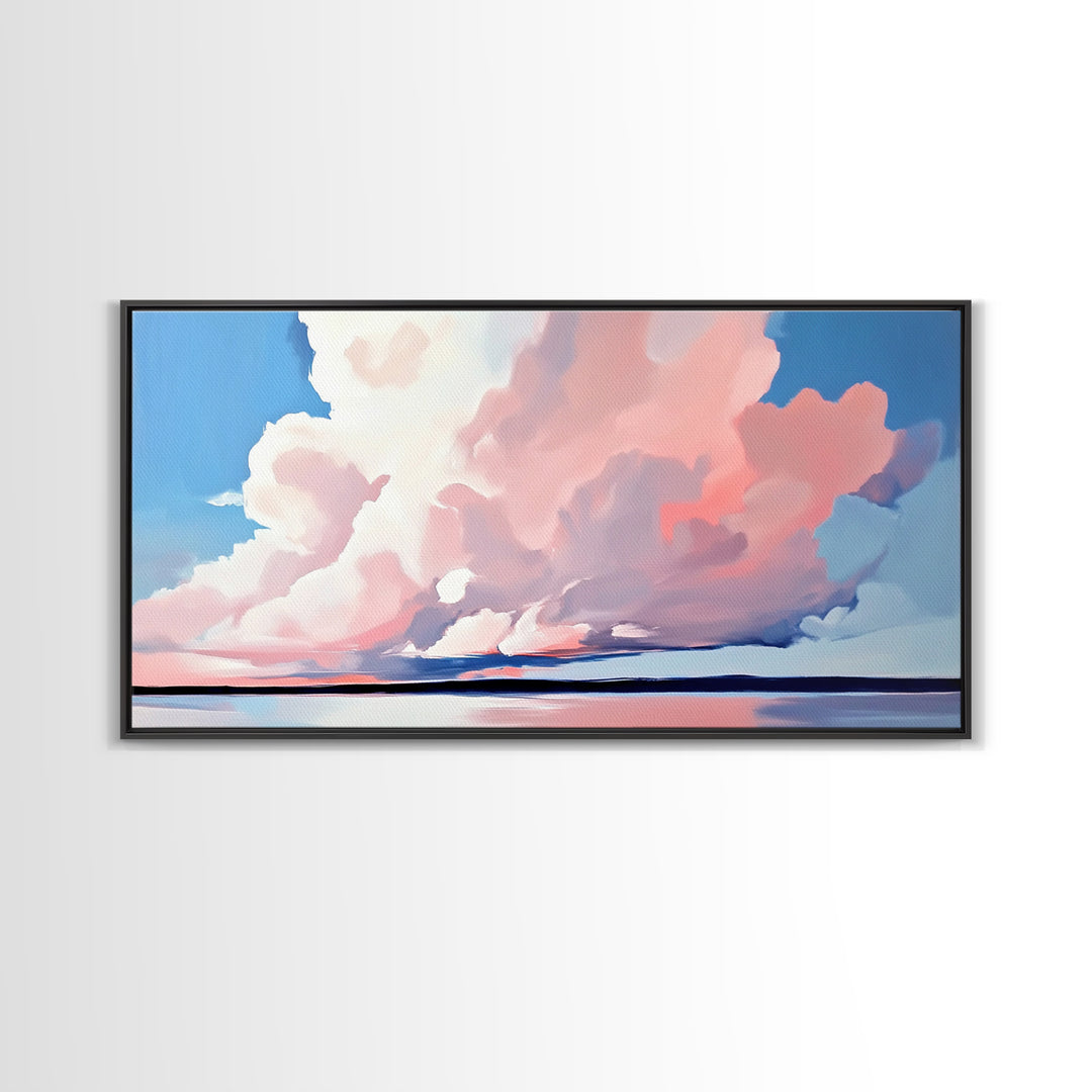 Sunset Glow, Cloud Reflections, Pastel Sky, Framed Canvas Print, Beach House Decor, Aesthetic Landscape, Contemporary Art, Serene Home Accent