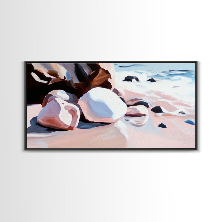 Coastal Rocks, Beach Waves, Ocean Wall Art, Framed Canvas Print, Nautical Decor, Summer Vibes, Relaxing Seaside Scene, Living Room Art
