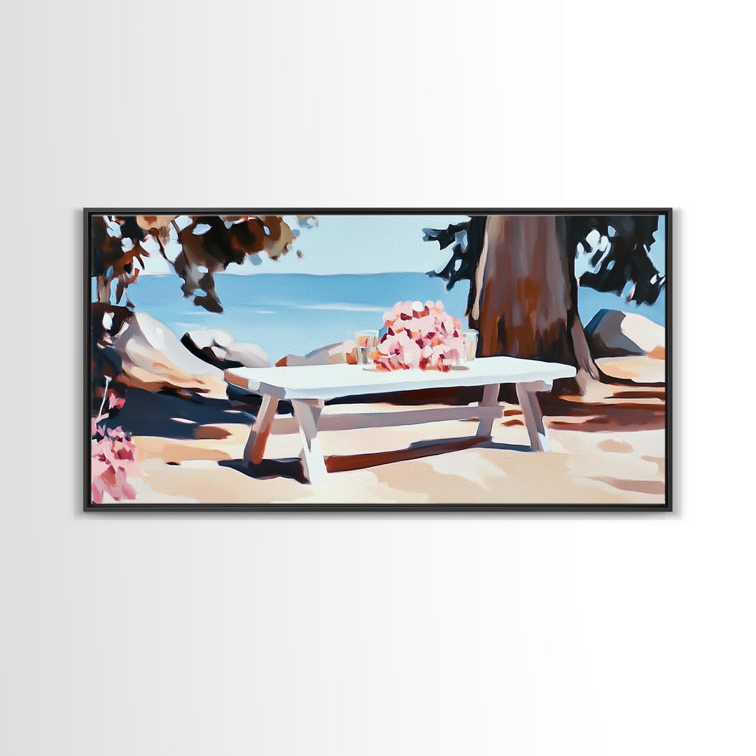Beach Picnic, Seaside Dining, Summer Wall Art, Framed Canvas Print, Coastal Decor, Relaxing Atmosphere, Kitchen Art, Nautical Aesthetic