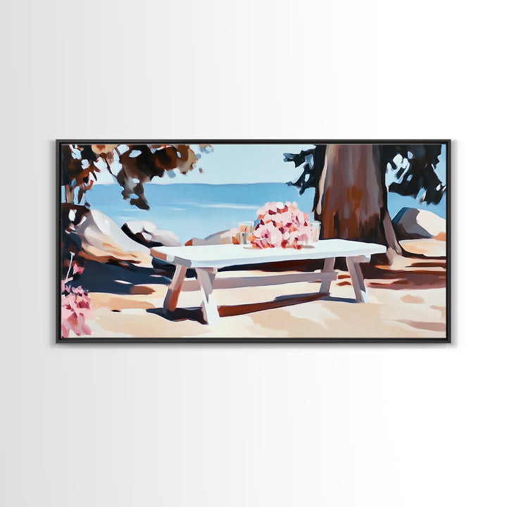Beach Picnic, Seaside Dining, Summer Wall Art, Framed Canvas Print, Coastal Decor, Relaxing Atmosphere, Kitchen Art, Nautical Aesthetic