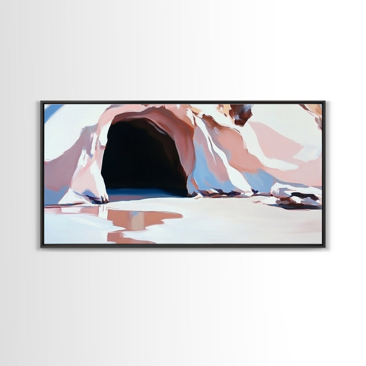 Cave Entrance, Surreal Landscape Art, Abstract Coastal Print, Pink Beige Tones, Nature Inspired, Boho Wall Decor, Framed Canvas Print