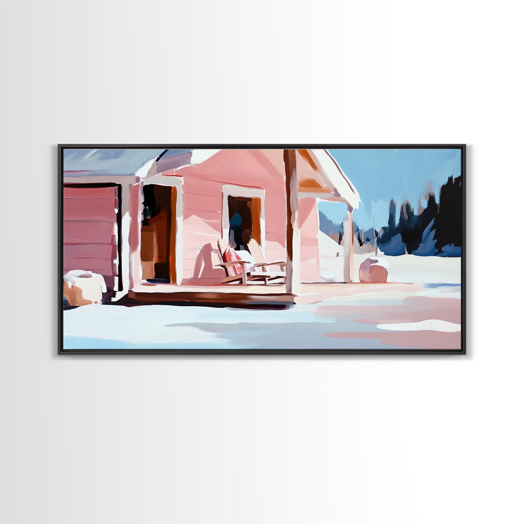 Pink Cabin, Winter Landscape Art, Cozy Home Decor, Framed Canvas Print, Rustic House Painting, Christmas Wall Art, Snowy Scene