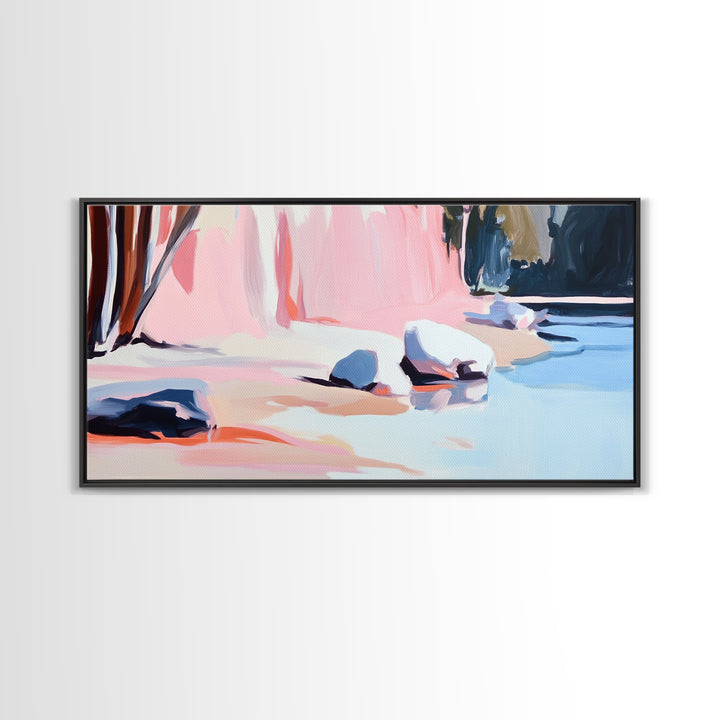 Rocky Beach, Nature Scene, Framed Canvas Print, Minimalist Seascape, Ocean Wall Art, Earthy Home Decor, Modern Coastal Art, Office