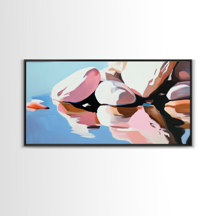 River Rocks, Reflections, Framed Canvas Print, Minimalist Nature Art, Abstract Water Scene, Earthy Wall Art, Modern Decor, Living Room