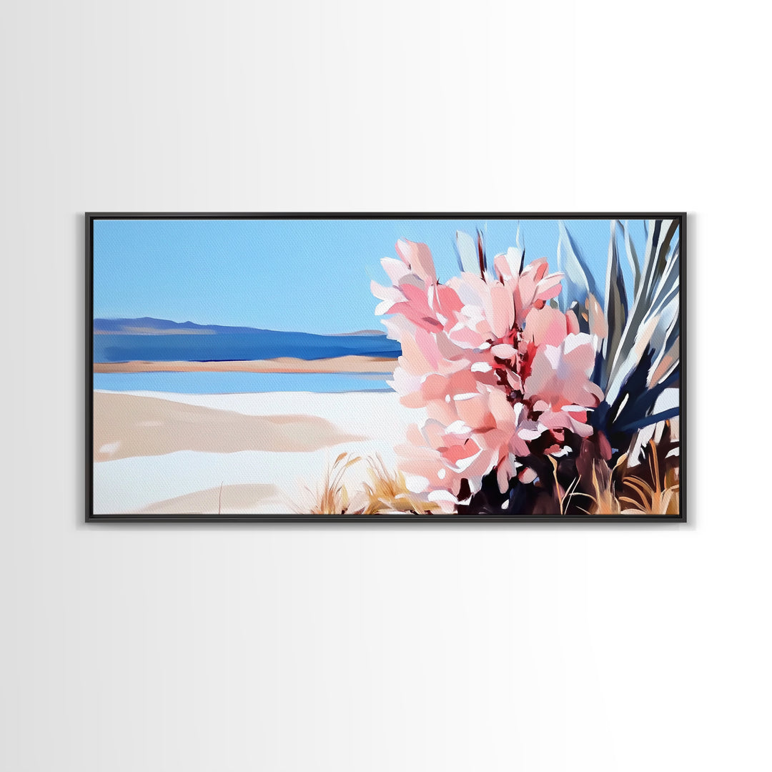 Desert Bloom, Southwest Landscape, Cactus and Flowers, Warm Toned Artwork, Boho Living Room Art, Pink and Blue Painting, Canvas Print