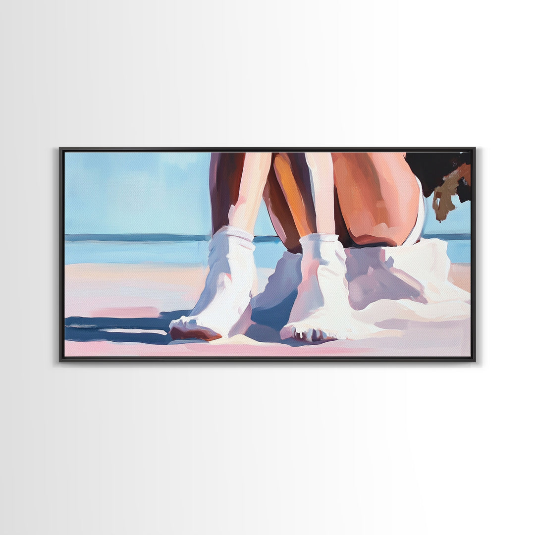 Beach Sitting, Relaxing Moment, Coastal Escape, Soft Pastels, Framed Canvas Print, Boho Art, Bedroom Wall Decor, Modern Minimalist Art