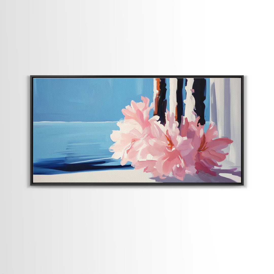 Ocean View, Floral Arrangement, Pastel, Canvas Print, Coastal Wall Art, Beach House Aesthetic, Modern Decor, Blue and Pink Theme