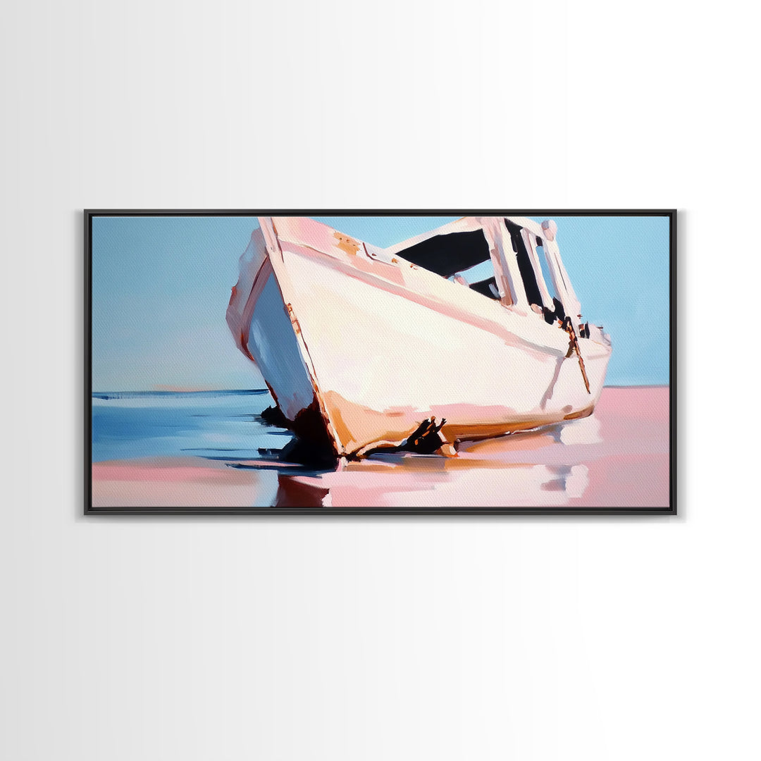 Beached Boat, Coastal Art, Nautical Decor, Canvas Print, Beach House Wall Art, Ocean Painting, Rustic Wall Decor, Living Room Art