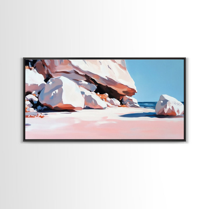 Rocky Beach Scene, Coastal Landscape, Modern Nature Art, Relaxing Seaside View, Framed Canvas Print, Ocean Wall Decor