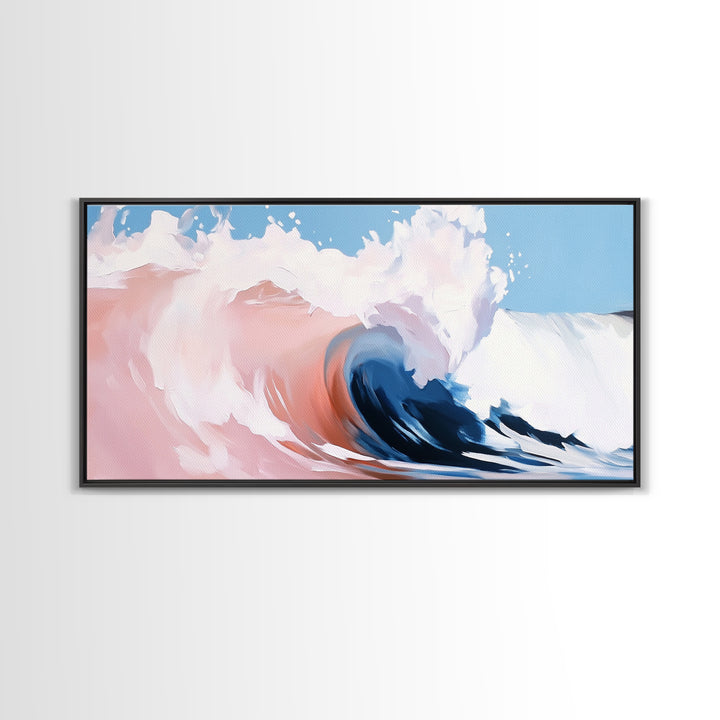 Ocean Wave, Abstract Beach Painting, Dynamic Wall Art, Coastal Decor, Surfer Aesthetic, Blue and White Framed Canvas Print