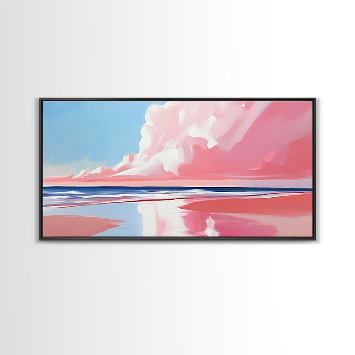 Pink Beach, Dreamy Ocean, Framed Canvas Print, Coastal Art, Minimalist Seascape, Modern Wall Decor, Soft Pastel Landscape