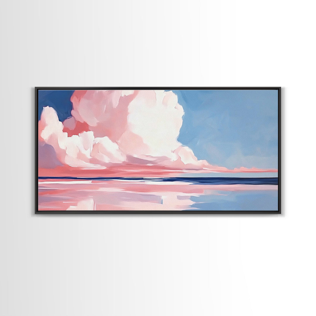 Cloudy Seascape, Pink Horizon, Framed Canvas Print, Coastal Art, Serene Wall Decor, Sunset Painting, Ocean Aesthetic
