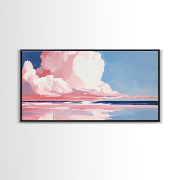Cloudy Seascape, Pink Horizon, Framed Canvas Print, Coastal Art, Serene Wall Decor, Sunset Painting, Ocean Aesthetic