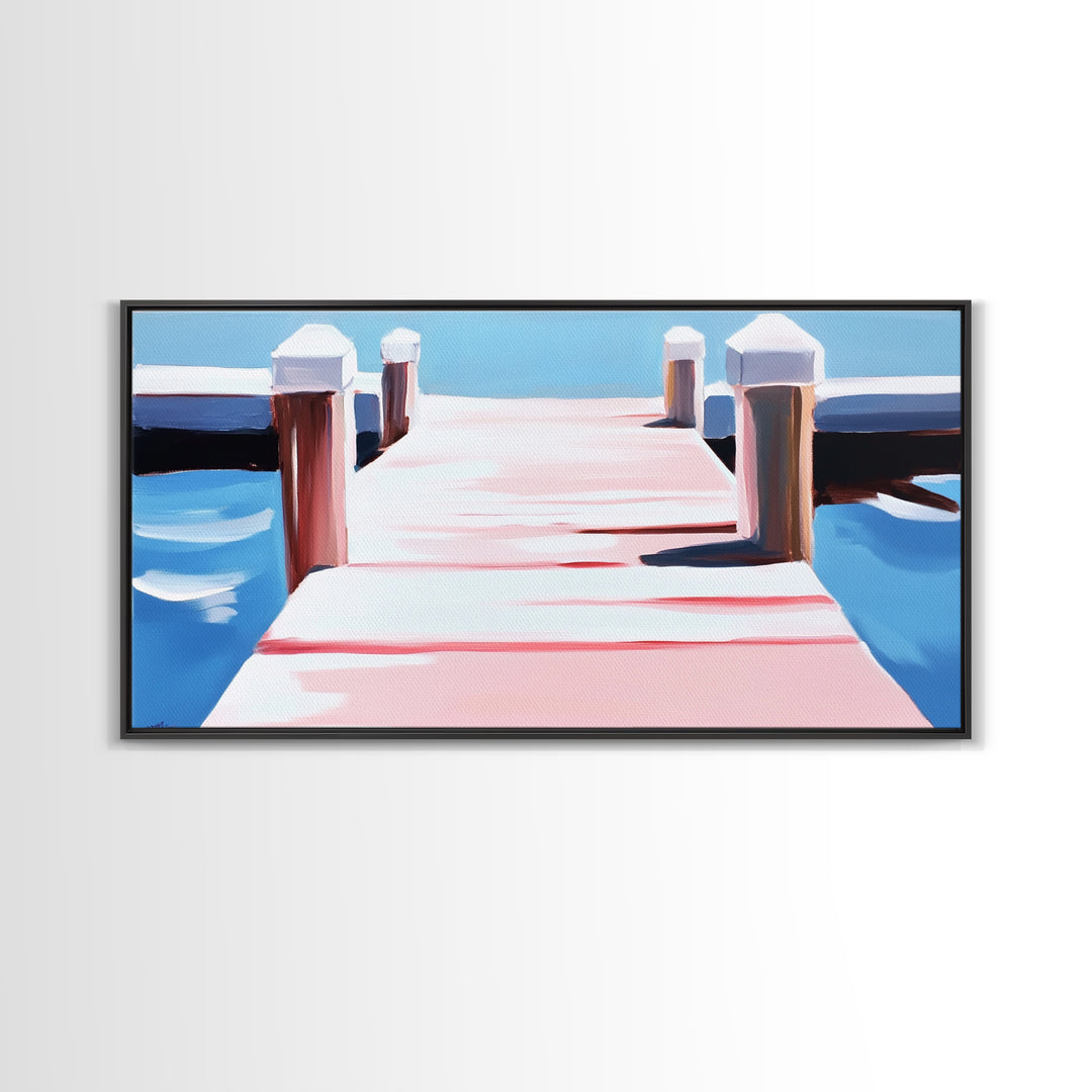 Dockside View, Nautical Art, Framed Canvas Print, Coastal Wall Decor, Beach House Aesthetic, Minimalist Ocean Painting