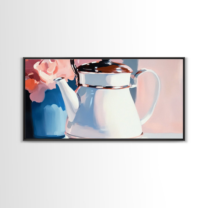 Teapot Charm, Vintage Still Life, Framed Canvas Print, Cottagecore Kitchen Decor, Shabby Chic Art, Pastel Home Aesthetic, Cozy Wall Art