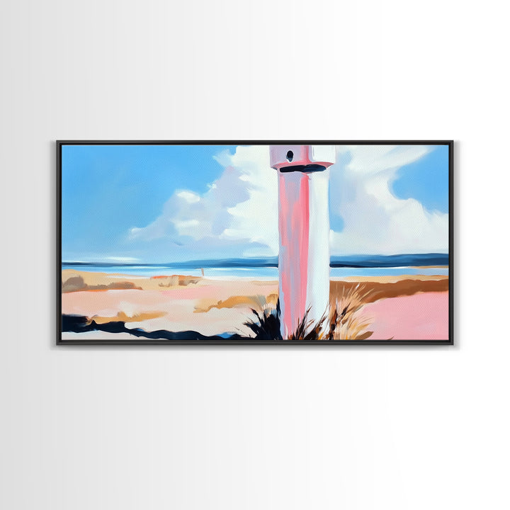Coastal Lighthouse, Beach Wall Art, Nautical Decor, Ocean Landscape, Seaside Home, Modern Minimalist, Framed Canvas Print