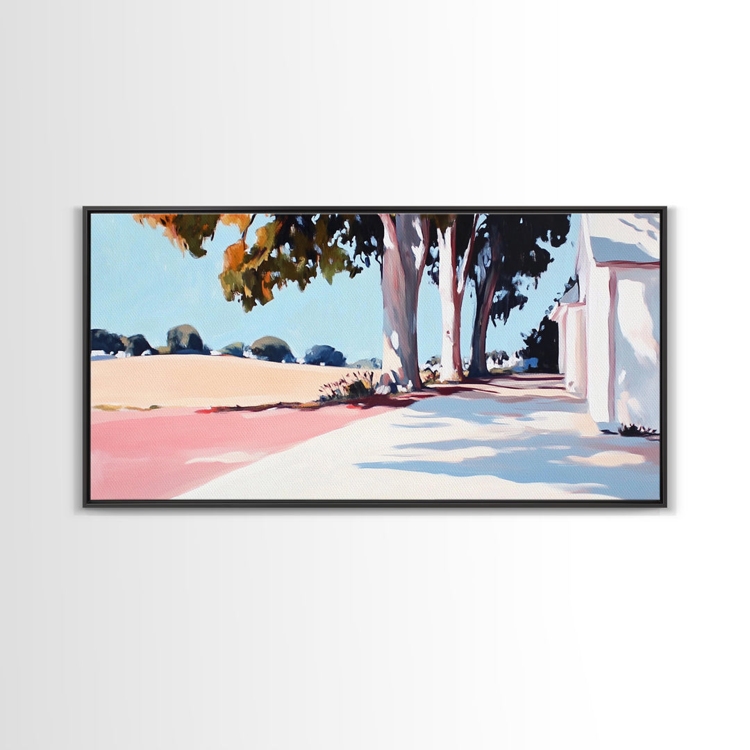 Country Road, Rural Landscape, Serene Nature, Golden Fields, Rustic Farmhouse, Countryside Charm, Warm Autumn Hues, Canvas Print