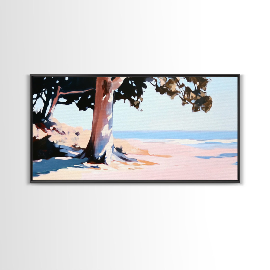 Coastal Tree, Beach Serenity, Ocean Landscape, Minimalist Aesthetic, Tranquil Seascape, Boho Decor, Nature Art, Framed Canvas Print
