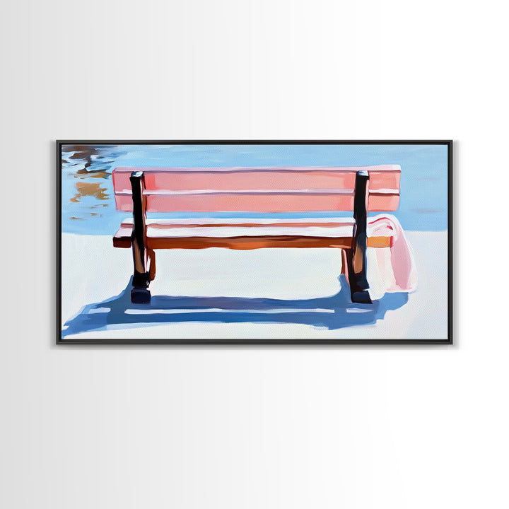 Park Bench, Peaceful Moment, Minimalist Art, Living Room Wall Art, Pastel Landscape, Framed Canvas Print, Impressionist Style, Soft Blue Pink