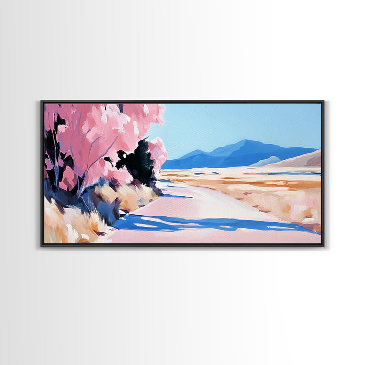 Blossoms, Mountain Path, Scenic Landscape Art, Nature Painting, Boho Decor, Framed Canvas Print, Pastel Pink Trees, Serene Wall Art